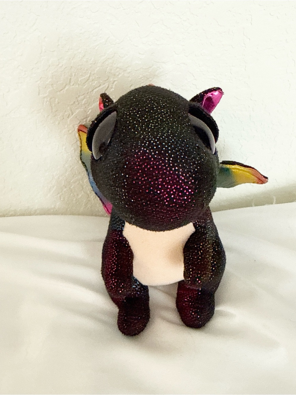 Anora Ty Black Sparkle Dragon Plush with Rainbow Wings and Cream Belly